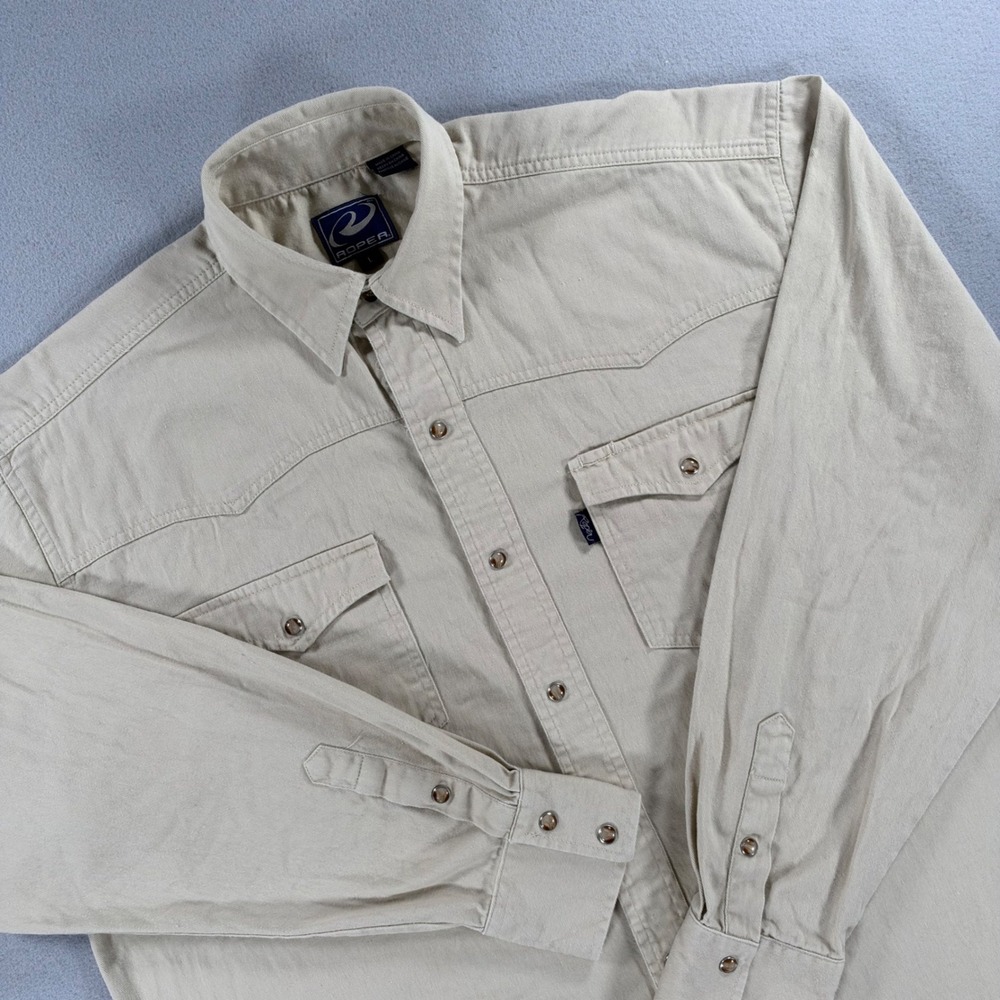 Roper Western Shirt Large Beige Long Sleeve Cotton Twill Button Down